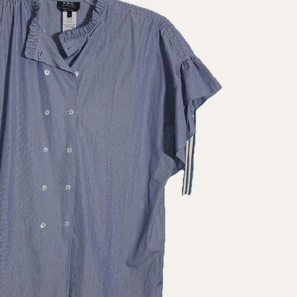 A.P.C. Blouse Light Blue White Ruffle Women’s Sz 2 Lagenlook Boho Rue Madame Top - Picture 2 of 8